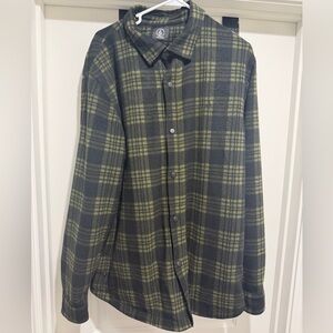 Volcom Olive Green & Black Plaid Fleece Flannel Shirt Like new